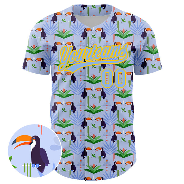 Custom Light Blue Yellow 3D Pattern Design Animal Toucan And Tropical Hawaii Palm Leaves Authentic Baseball Jersey alternate
