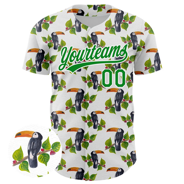 Custom White Grass Green 3D Pattern Design Animal Toucan And Tropical Hawaii Palm Leaves Authentic Baseball Jersey alternate