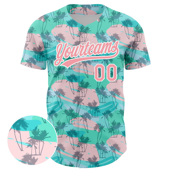 Custom Green Medium Pink-White 3D Pattern Design Tropical Hawaii Palm Trees Authentic Baseball Jersey alternate