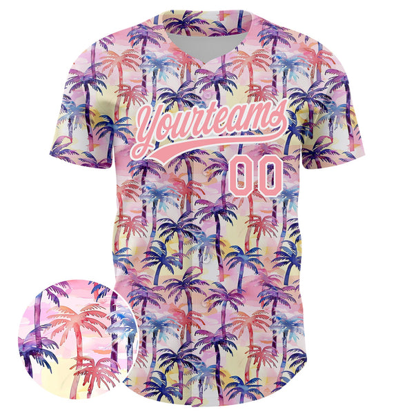 Custom Medium Pink White 3D Pattern Design Tropical Hawaii Palm Trees Authentic Baseball Jersey alternate