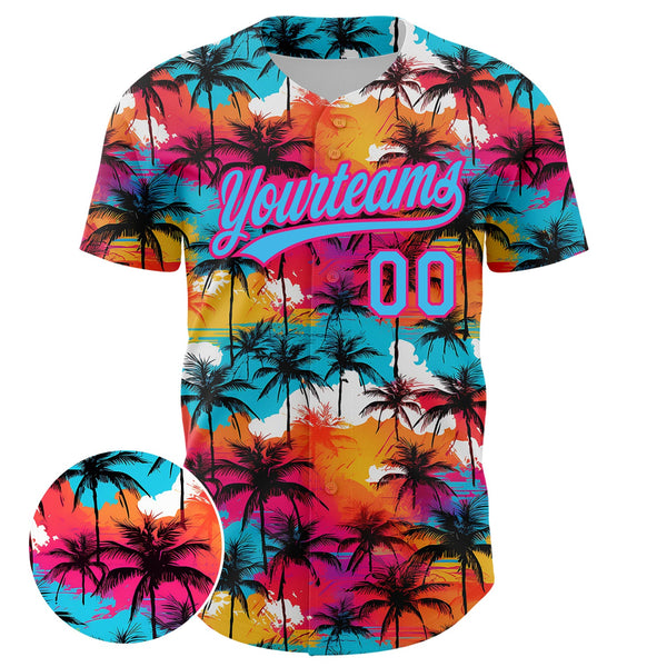 Custom Sky Blue Hot Pink 3D Pattern Design Tropical Hawaii Palm Trees Authentic Baseball Jersey alternate