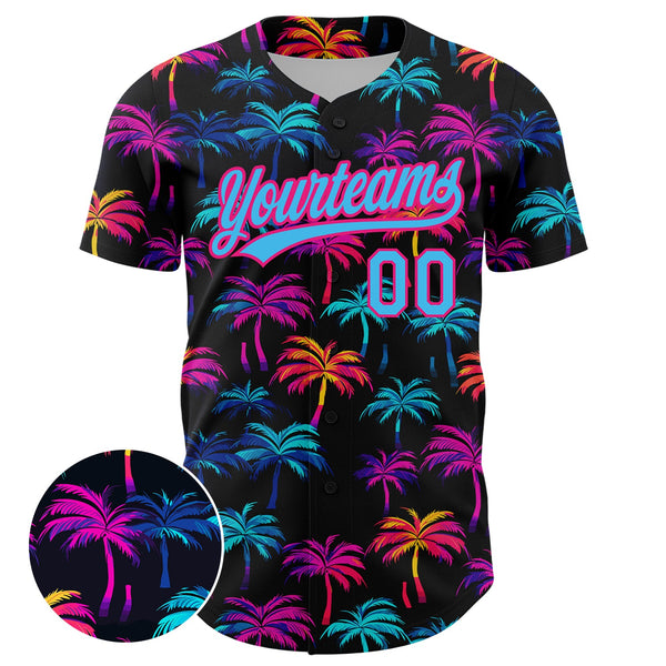 Custom Black Sky Blue-Hot Pink 3D Pattern Design Tropical Hawaii Palm Trees Authentic Baseball Jersey alternate