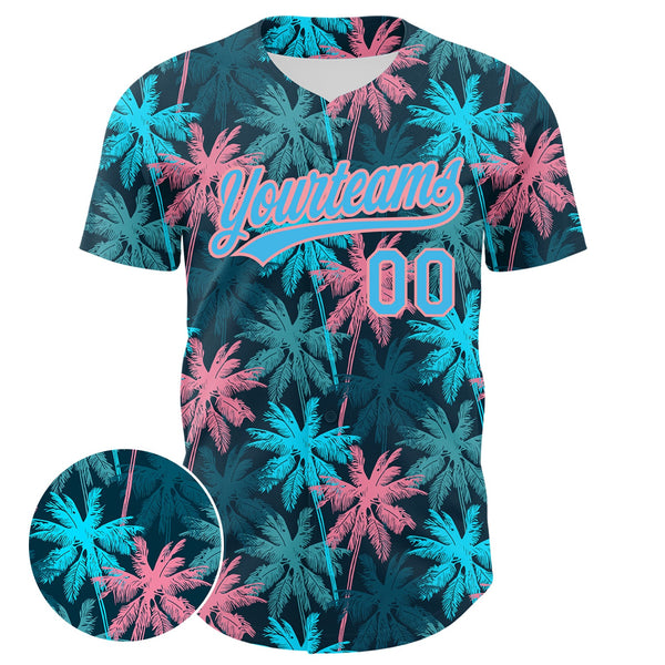 Custom Black Sky Blue-Medium Pink 3D Pattern Design Tropical Hawaii Palm Trees Authentic Baseball Jersey alternate