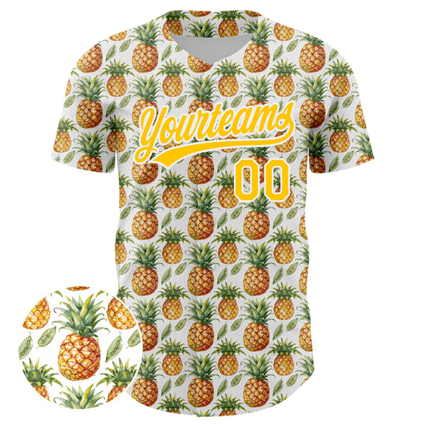 Custom White Yellow 3D Pattern Design Fruit Pineapple Authentic Baseball Jersey alternate