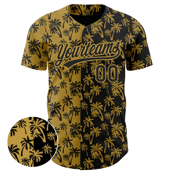 Custom Old Gold Black 3D Pattern Design Tropical Hawaii Palm Trees Authentic Baseball Jersey alternate
