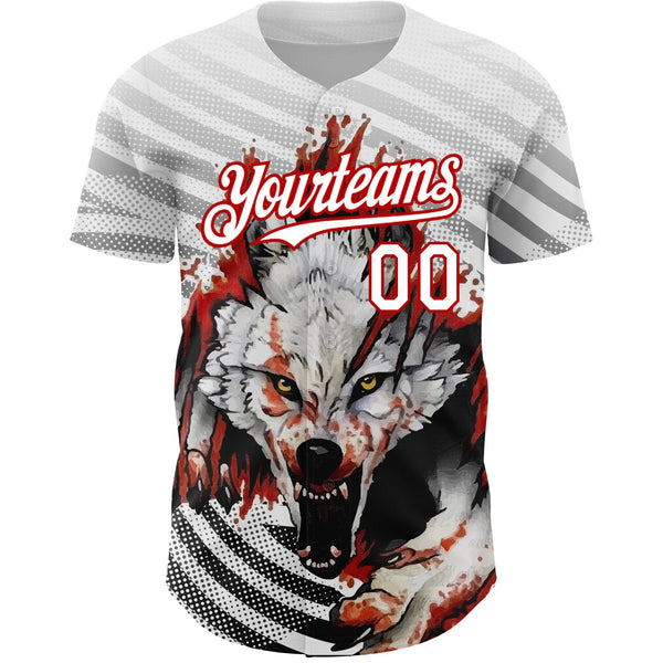 Custom White Red 3D Pattern Design Animal Wolf Authentic Baseball Jersey alternate