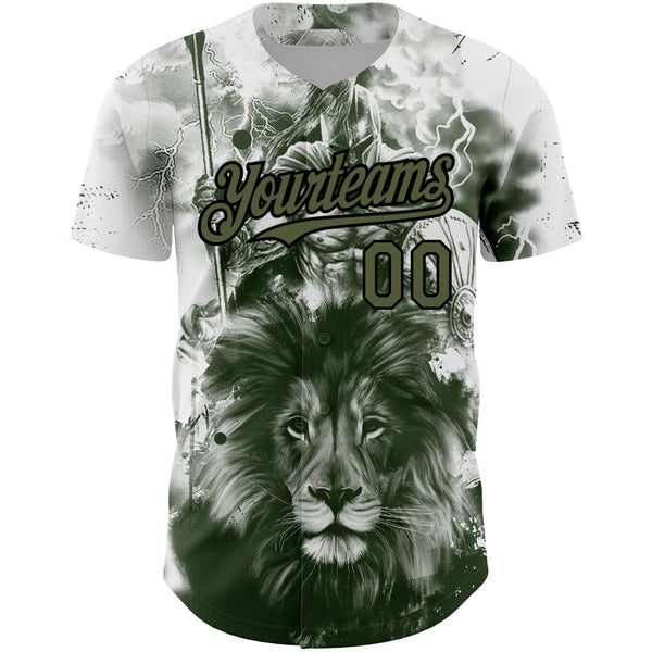 Custom White Olive-Black 3D Pattern Design Animal Lion Authentic Baseball Jersey alternate