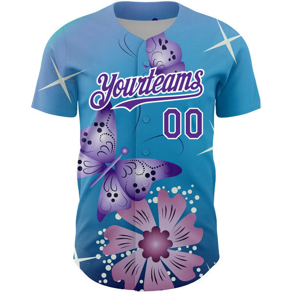 Custom Light Blue Purple-White 3D Pattern Design Animal Butterfly And Flower Authentic Baseball Jersey alternate