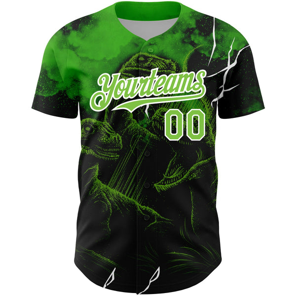 Custom Black Neon Green-White 3D Pattern Design Animal Dinosaur Authentic Baseball Jersey alternate