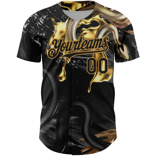 Custom Black Old Gold 3D Pattern Design Animal Snake Authentic Baseball Jersey alternate