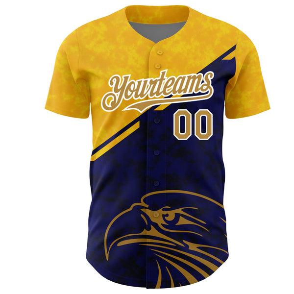Custom Yellow Old Gold-Navy 3D Pattern Design Animal Eagle Authentic Baseball Jersey alternate