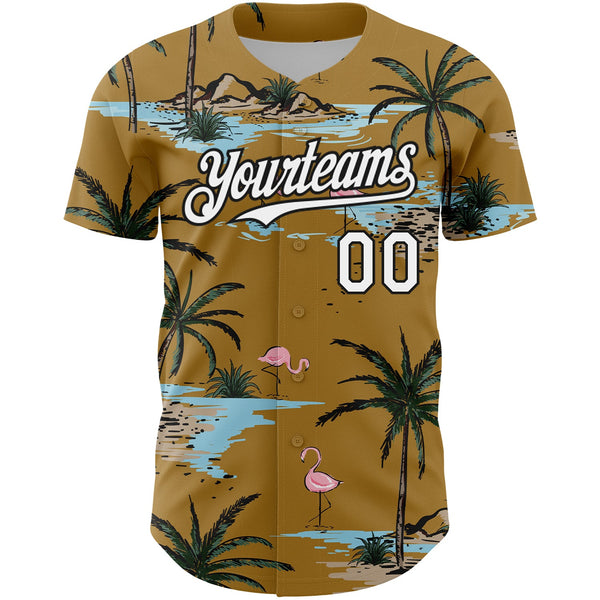 Custom Old Gold White-Black 3D Pattern Design Tropical Hawaii Palm Trees Authentic Baseball Jersey alternate