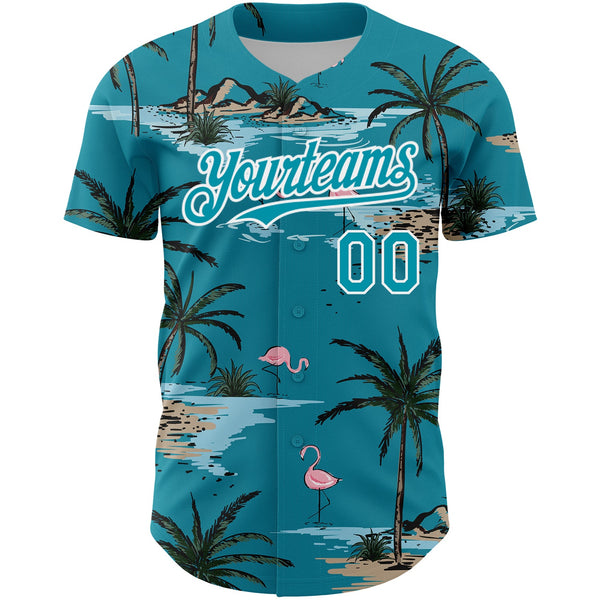 Custom Teal White 3D Pattern Design Tropical Hawaii Palm Trees Authentic Baseball Jersey alternate