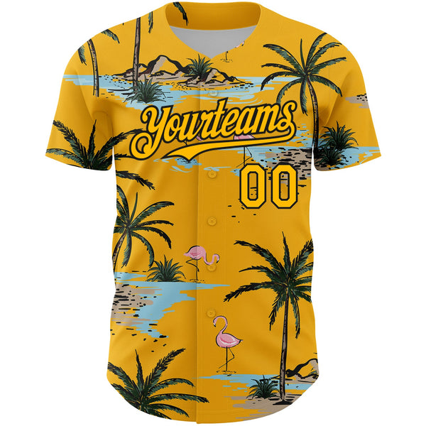 Custom Yellow Black 3D Pattern Design Tropical Hawaii Palm Trees Authentic Baseball Jersey alternate