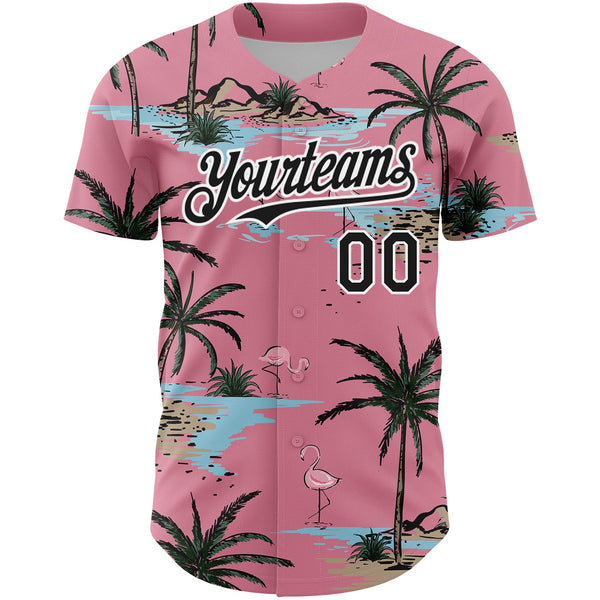 Custom Medium Pink Black-White 3D Pattern Design Tropical Hawaii Palm Trees Authentic Baseball Jersey alternate