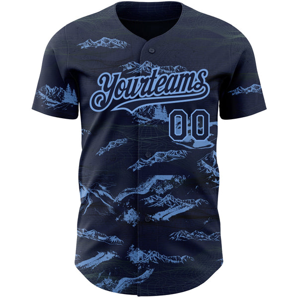 Custom Navy Light Blue 3D Pattern Design Mountain Authentic Baseball Jersey alternate