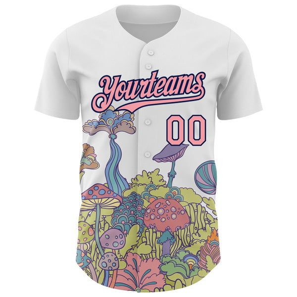 Custom White Medium Pink-Navy 3D Pattern Design Colorful Flowers And Mushrooms Psychedelic Hallucination Authentic Baseball Jersey alternate