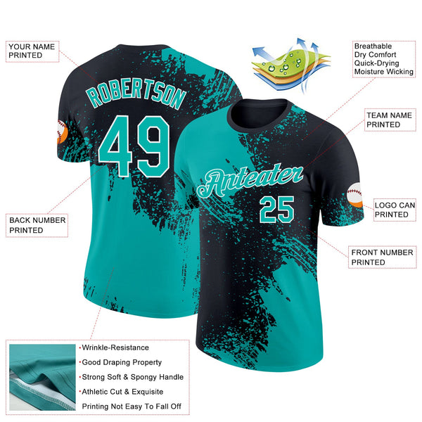 Custom Aqua Black-White 3D Pattern Design Abstract Brush Stroke Performance T-Shirt alternate