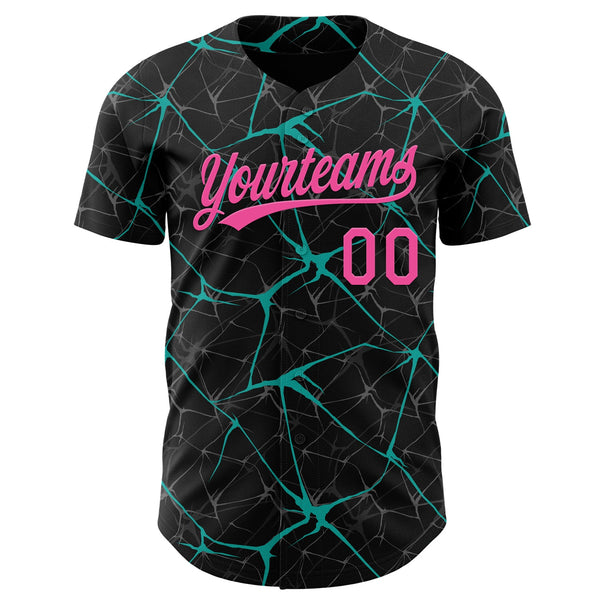 Custom Black Pink-Aqua 3D Pattern Design Abstract Network Authentic Baseball Jersey alternate