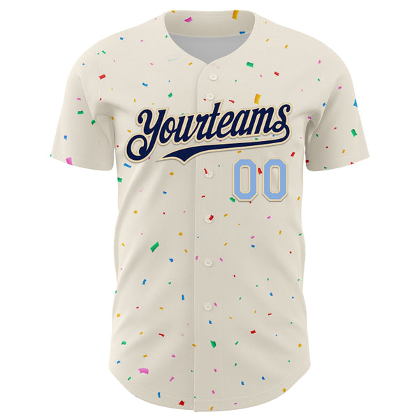 Custom Cream Navy-Light Blue 3D Pattern Design Confetti Authentic Baseball Jersey alternate