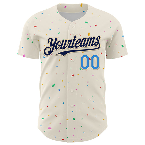 Custom Cream Navy-Electric Blue 3D Pattern Design Confetti Authentic Baseball Jersey alternate