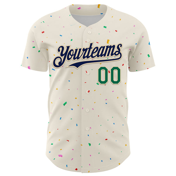 Custom Cream Navy-Kelly Green 3D Pattern Design Confetti Authentic Baseball Jersey alternate