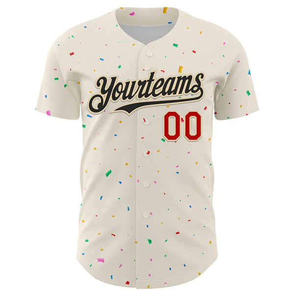 Custom Cream Black-Red 3D Pattern Design Confetti Authentic Baseball Jersey alternate