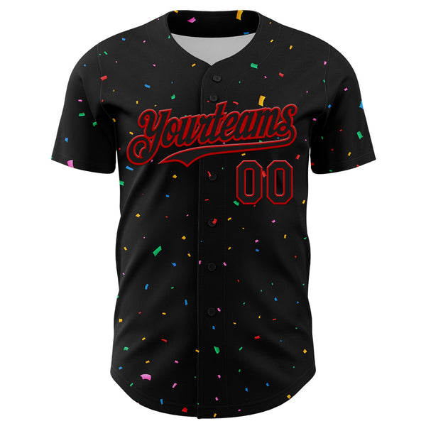 Custom Black Red 3D Pattern Design Confetti Authentic Baseball Jersey alternate
