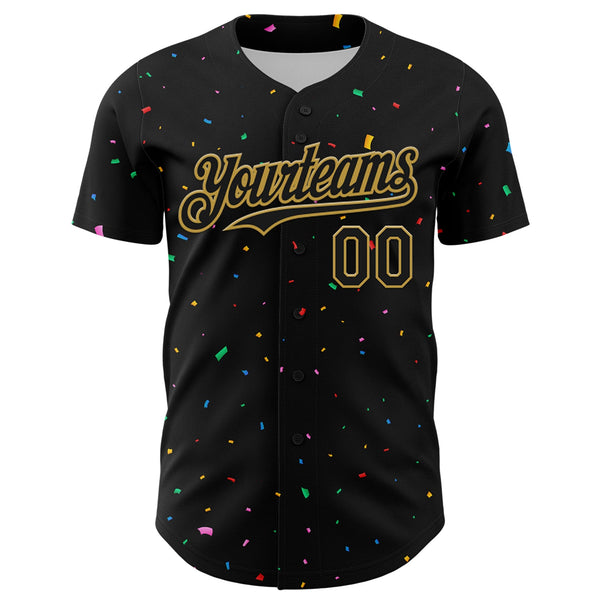 Custom Black Old Gold 3D Pattern Design Confetti Authentic Baseball Jersey alternate