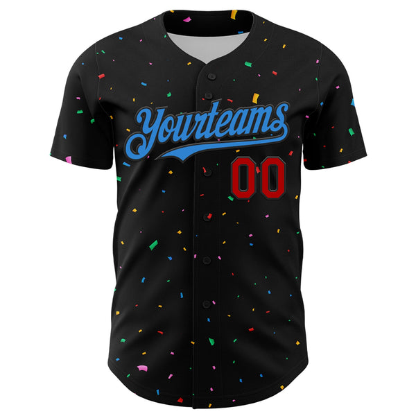 Custom Black Electric Blue-Red 3D Pattern Design Confetti Authentic Baseball Jersey alternate
