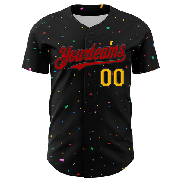 Custom Black Red-Gold 3D Pattern Design Confetti Authentic Baseball Jersey alternate