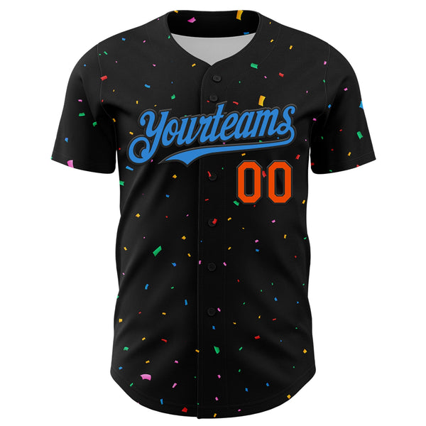 Custom Black Electric Blue-Orange 3D Pattern Design Confetti Authentic Baseball Jersey alternate