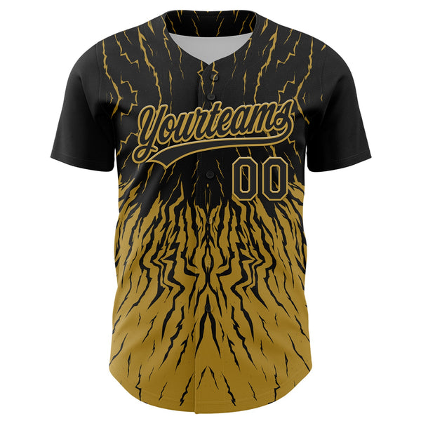 Custom Black Old Gold 3D Pattern Design Abstract Wave Authentic Baseball Jersey alternate
