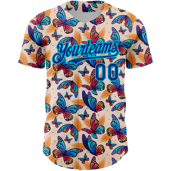 Custom Cream Royal-Lakes Blue 3D Pattern Design Animal Butterfly Authentic Baseball Jersey alternate