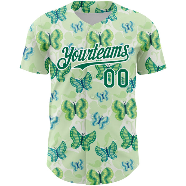 Custom White Kelly Green 3D Pattern Design Animal Butterfly Authentic Baseball Jersey alternate