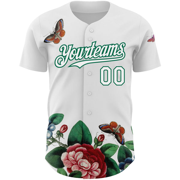 Custom White Kelly Green 3D Pattern Design Animal Butterfly And Flower Authentic Baseball Jersey alternate