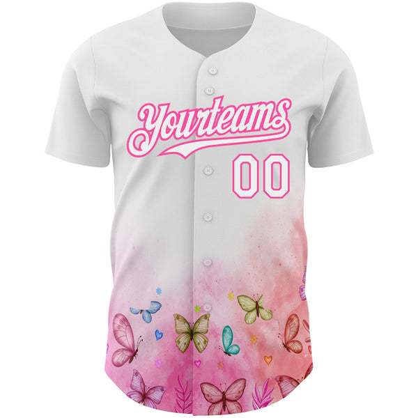 Custom White Pink 3D Pattern Design Animal Butterfly Authentic Baseball Jersey alternate
