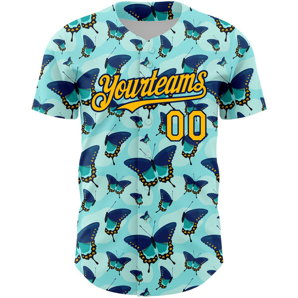 Custom Ice Blue Gold-Navy 3D Pattern Design Animal Butterfly Authentic Baseball Jersey alternate