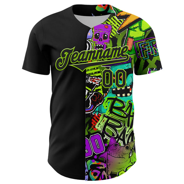 Custom Black Neon Green 3D Pattern Design Rave Monster Authentic Baseball Jersey alternate