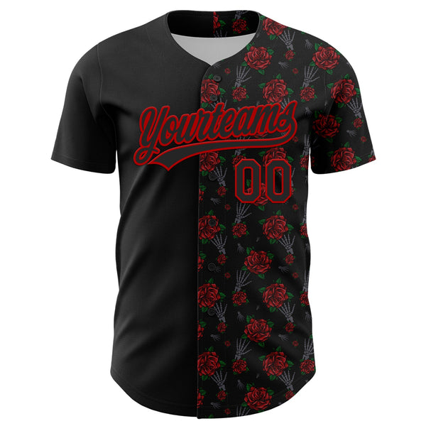 Custom Black Red 3D Pattern Design Gothic Style Rose Authentic Baseball Jersey alternate
