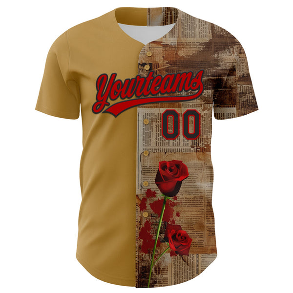 Custom Old Gold Red-Black 3D Pattern Design Gothic Style Rose Authentic Baseball Jersey alternate