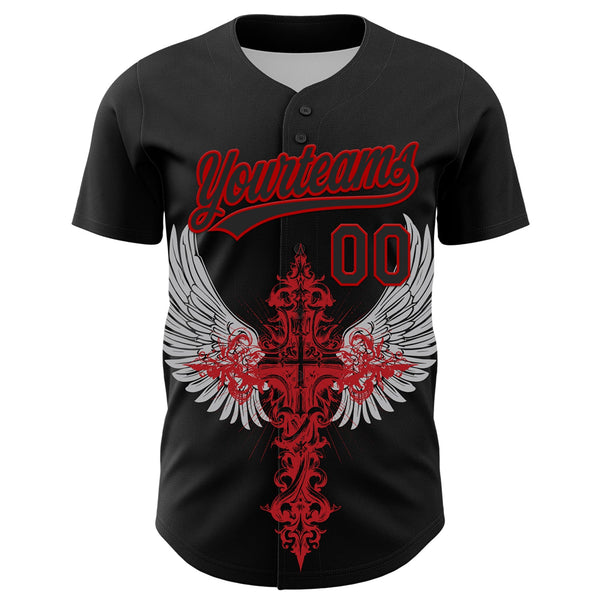 Custom Black Red 3D Pattern Design Gothic Style Cross With Wings Authentic Baseball Jersey alternate