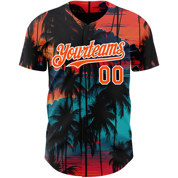 Custom Black Orange-White 3D Pattern Design Tropical Hawaii Palms Trees Authentic Baseball Jersey alternate