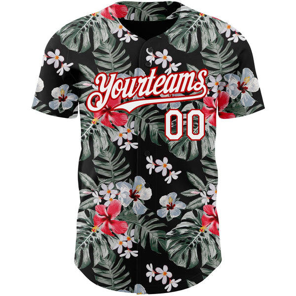 Custom Black White-Red 3D Pattern Design Tropical Hawaii Plant Authentic Baseball Jersey alternate