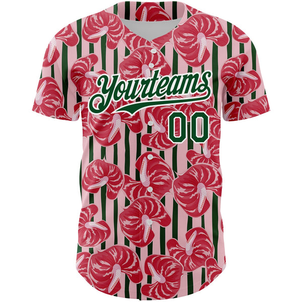 Custom Medium Pink Green-White 3D Pattern Design Tropical Anthurium Flower Authentic Baseball Jersey alternate