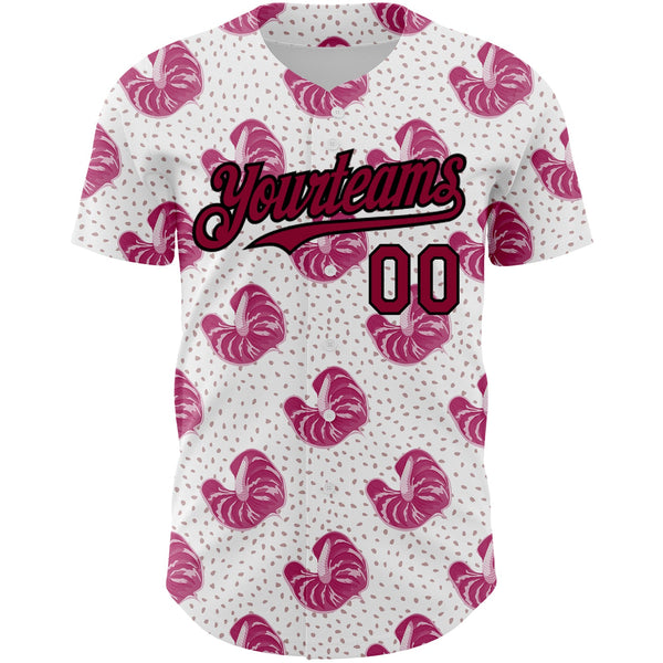 Custom White Maroon-Black 3D Pattern Design Tropical Anthurium Flower Authentic Baseball Jersey alternate