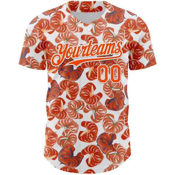 Custom White Orange 3D Pattern Design Tropical Anthurium Flower Authentic Baseball Jersey alternate