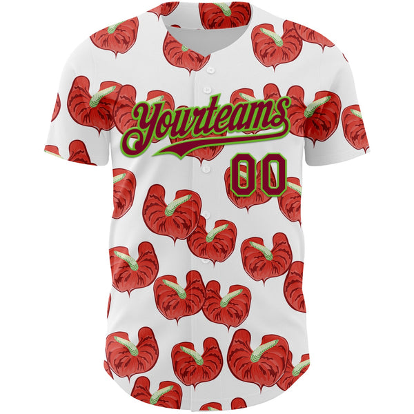 Custom White Maroon-Aurora Green 3D Pattern Design Tropical Anthurium Flower Authentic Baseball Jersey alternate