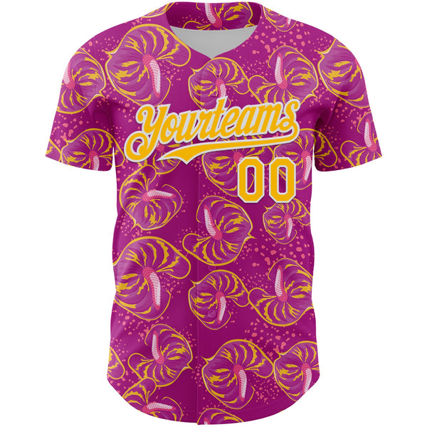 Custom Deep Pink Gold-White 3D Pattern Design Tropical Anthurium Flower Authentic Baseball Jersey alternate