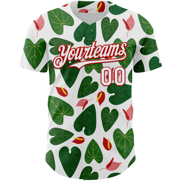 Custom White Red 3D Pattern Design Tropical Anthurium Flower Authentic Baseball Jersey alternate